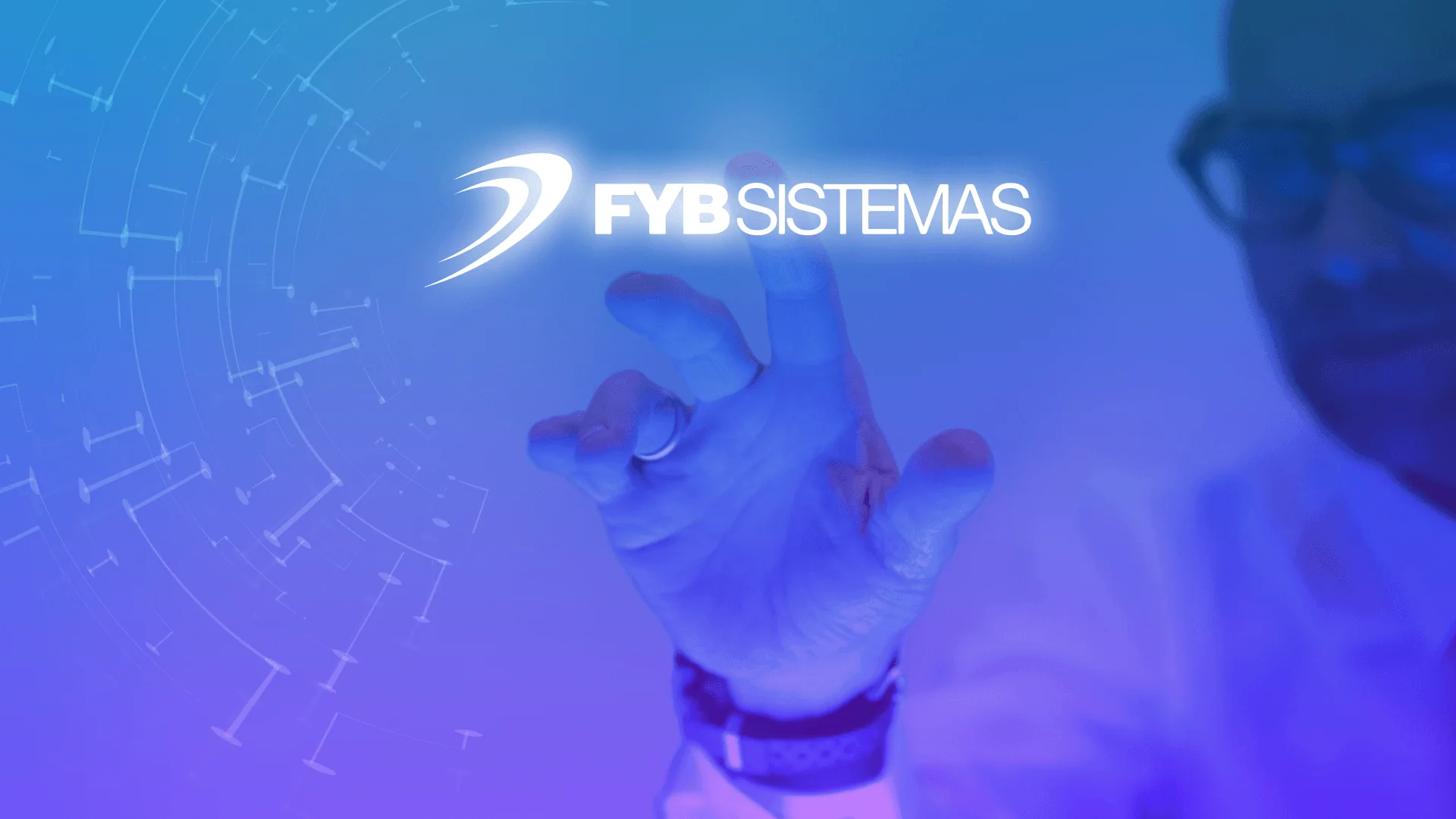 Logo de FYB Sistemas sobre una mano que toca una interfaz digital