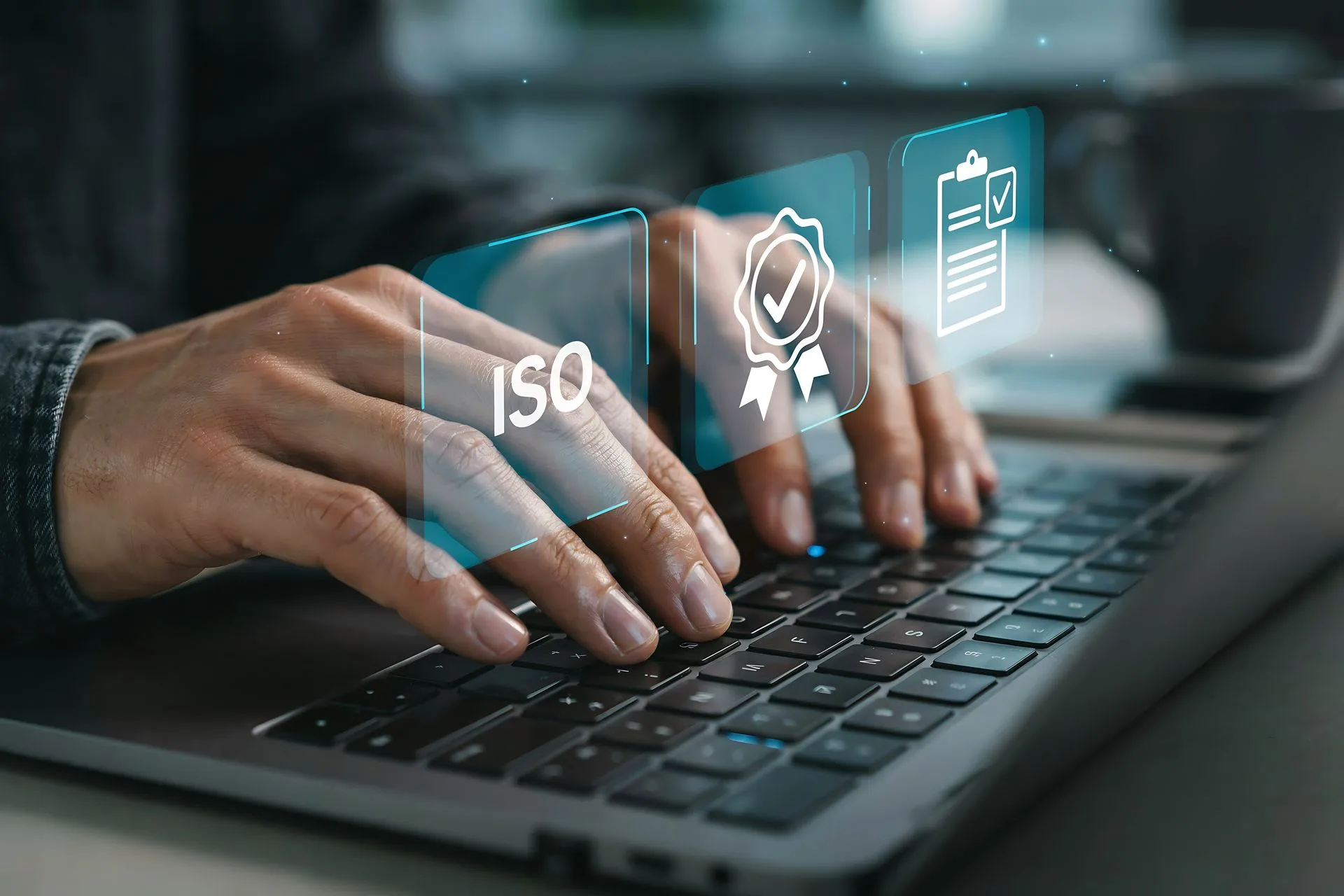Manos sobre el teclado de una notebook con íconos de certificación ISO, sello de calidad y checklist de cumplimiento